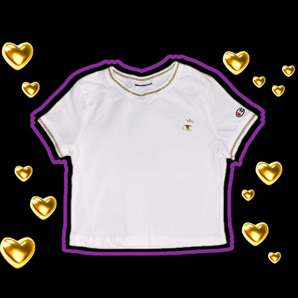 Champion white & gold trim crop baby ringer tee with monogram logo